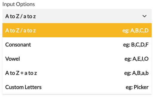 Random letter generator input options
