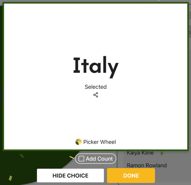 Result selected and list of modes