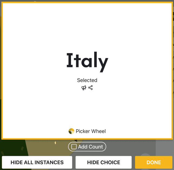 Result selected and list of modes