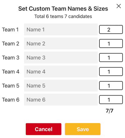 Set Team Names and Sizes Popup