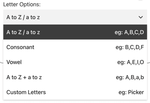 Random letter generator input options